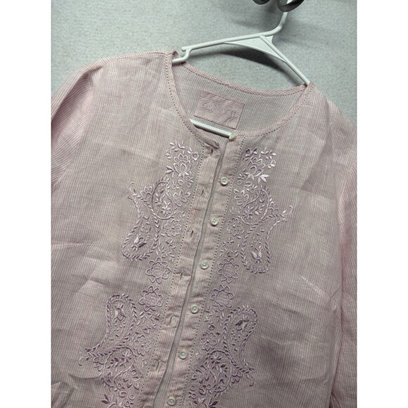 Gorsuch Linen SZ 38 EU 8 US Striped Button Front Shirt Collared Embroidered Pink - Picture 3 of 5
